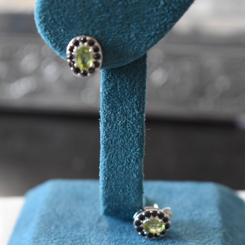 Natural Thai Black Spinel and Peridot Halo Stud Earrings